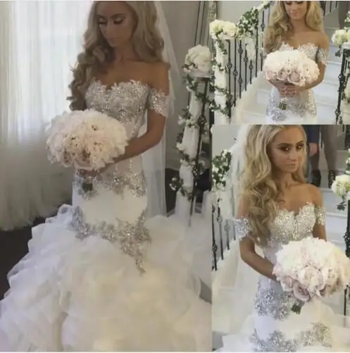 

Saudi Arabia Bridal Gowns Sweetheart Neckline Lace Appliques Crystal Beading Tiered Mermaid Wedding Dresses Arabic wedding gown