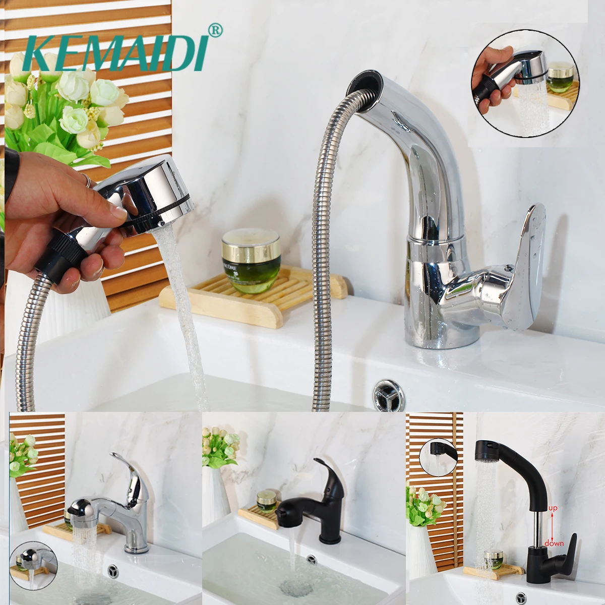 

KEMAIDI Luxury Pull Out Kitchen Faucet Deck Mount Kitchen Water Taps with Hot and Cold Water Single Handle Crane Taps