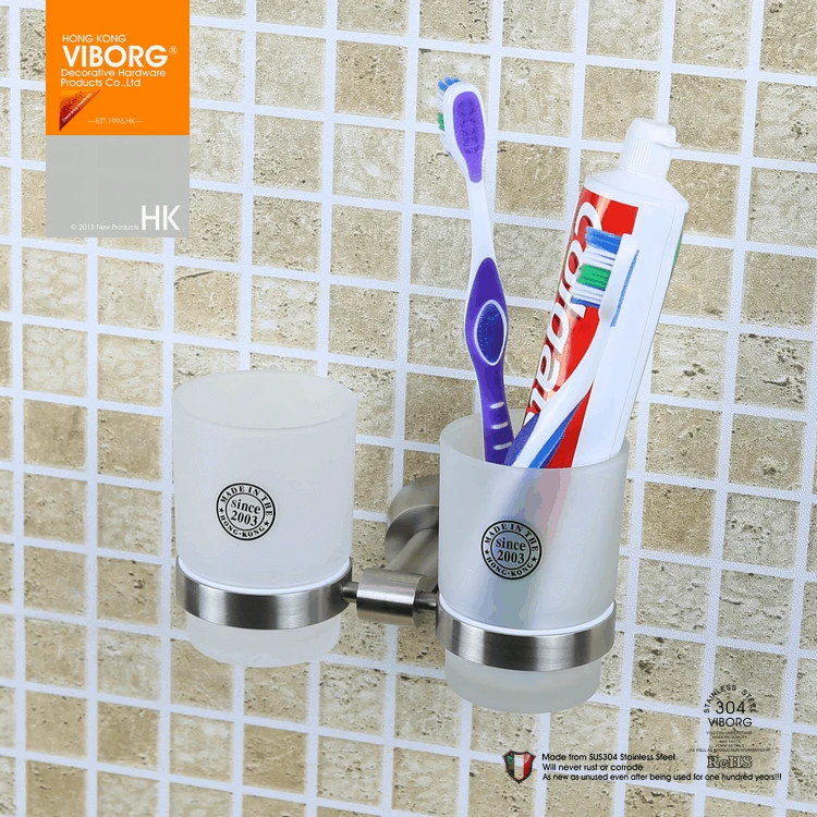 

Настенный держатель для двойной зубной щетки VIBORG Deluxe 304 из нержавеющей стали с 2 чашками для зубной щетки из закаленного стекла