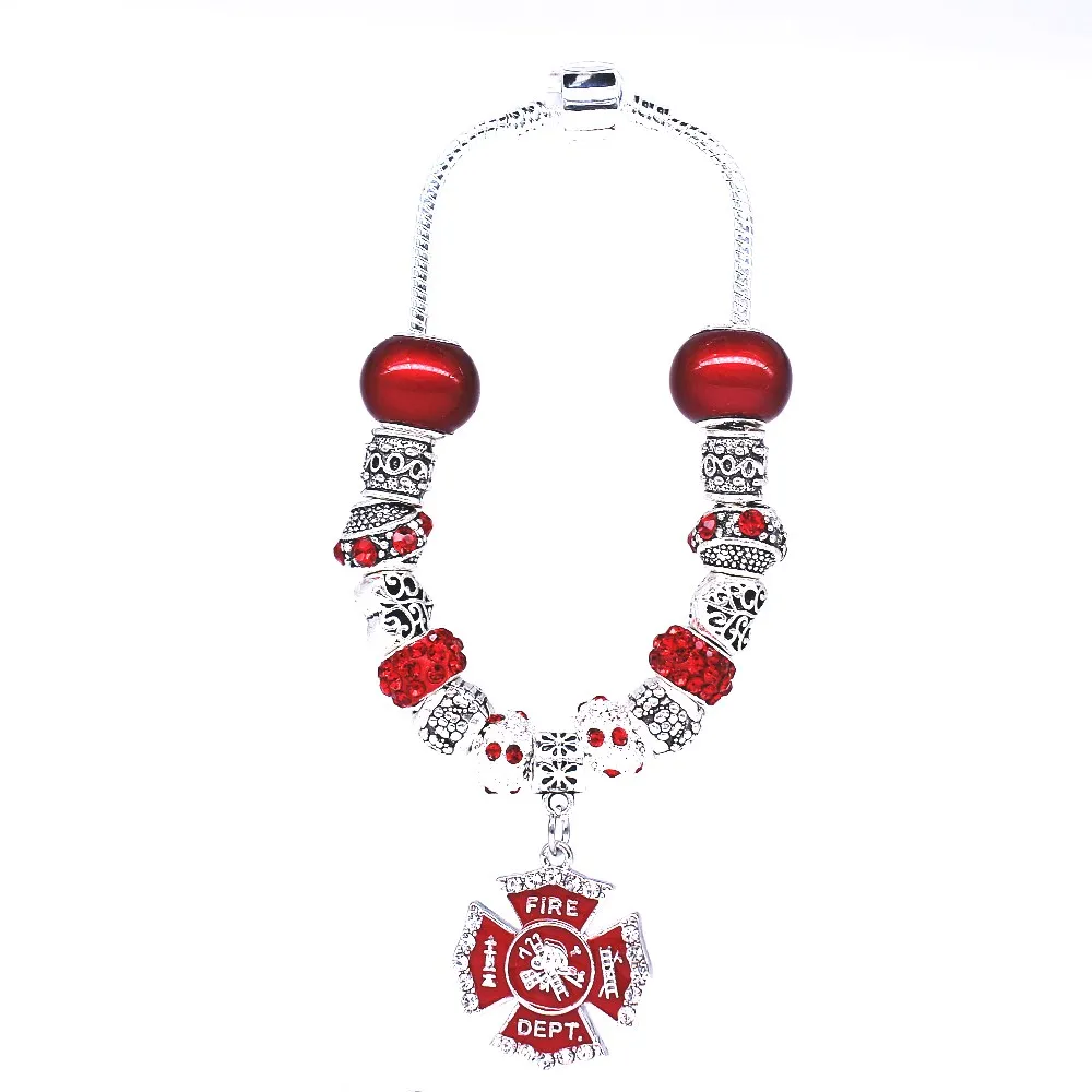 Double Nose Metal Alloy Crystal Big Hole Beads Red Cross Department Fire Dept FD Badge Bracelets For Wife Husband Souvenir Gifts