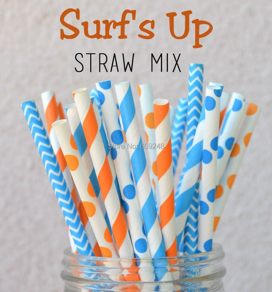 125 Pcs Mixed Colors Surfs Up Blue and Orange Paper Straws,Blue Orange Stripe,Blue Chevron,Blue Dots,Orange Dots,Personalize