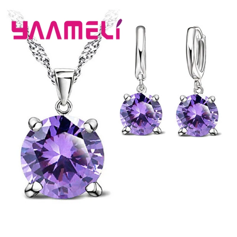 Wholesale Price 925 Sterling Silver Single Crystals Four Claws Pendant Necklace With Earrings Jewelry Sets For Women