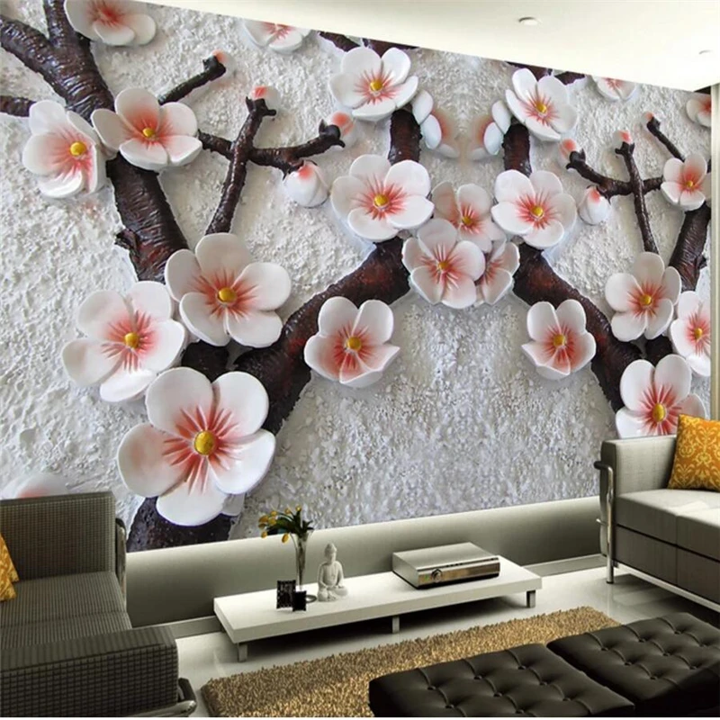 

wellyu Relief stereo plum mural TV background wall custom large mural green wallpaper papel de parede para quarto