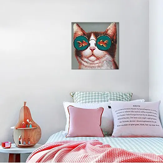 Top Artist Art Work Modern Animal Artwork 100% Hand-painted Oil Painting Cat loves Fish Wall Pictures Wall Art for Living Room