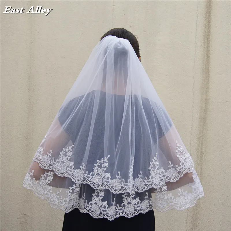 White or Ivory 2 Layer Lace Wedding Veil Elbow Length Bride Veil