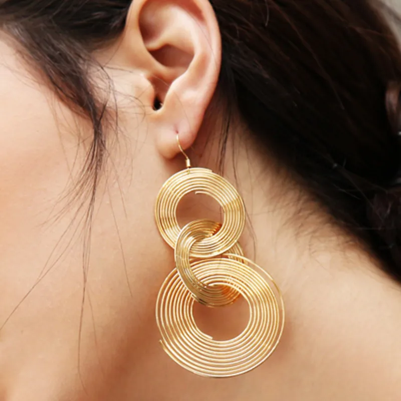 3 Circles Long Hanging Earrings for Women Gold Color Multi-layers Wrap Round Big Statement Exaggerated FashionEar Jewelry