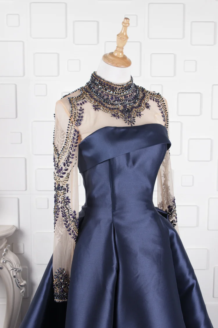 Robe De soirée bleu marine, grande taille, col haut, manches longues, perlée, longue, robes d'occasion, 2019