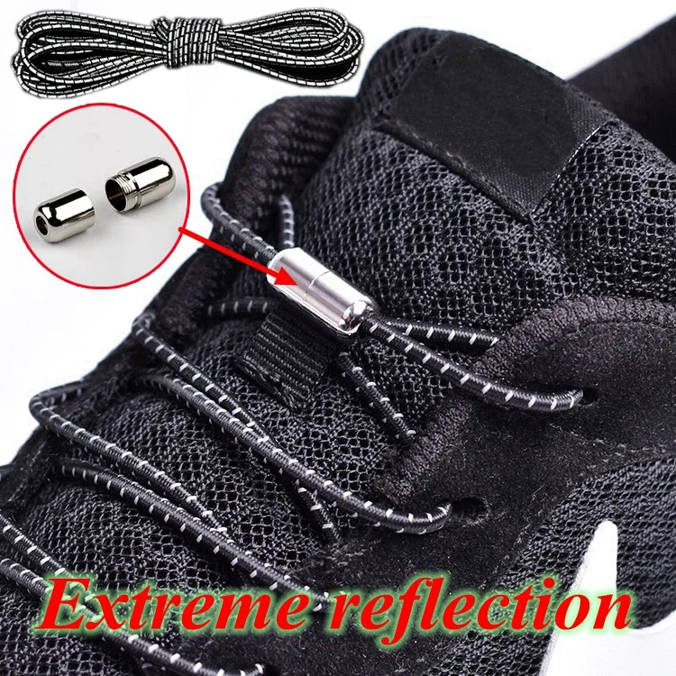 1Pair New Reflective Elastic Shoelaces Metal Tip Shoelace Round No Tie Shoelaces Convenient Quick Lock Laces Unisex Shoe Laces