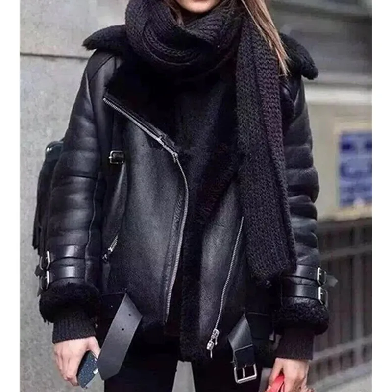 Nowa zimowa damska kurtka skórzana w dużych rozmiarach Kożuch Sheepskin Shearling Tops Lamb Fur Bomber Leather Coat Female Black Leather Outwear