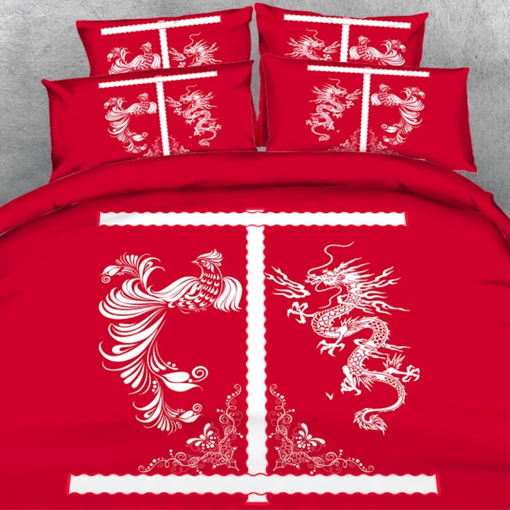 Royal Linen Source Brand 4 PCS PER SET Golden dragon on beautiful red background 3d bed linen set  3d Bed Cover with Bed sheet