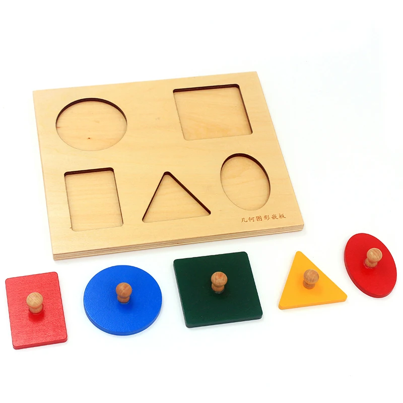 Casa dentale giocattoli matematici Montessori in legno inserti a forma di geometria 5 set manopole rettangolari quadrate triangolari rotonde colorate