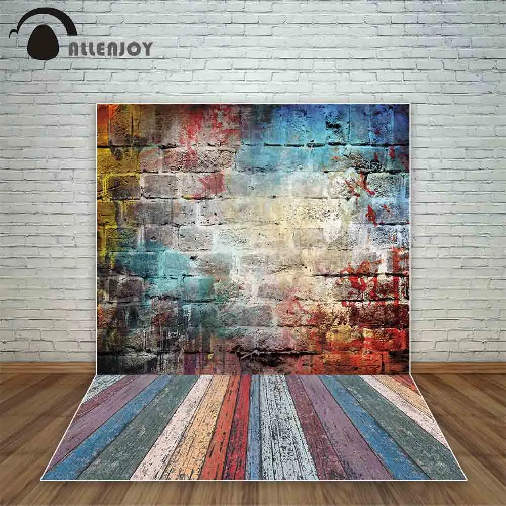 Allenjoy – graffiti mural en pierre grunge, arrière-plan coloré, plancher en bois, pour photographie, pour studio photo