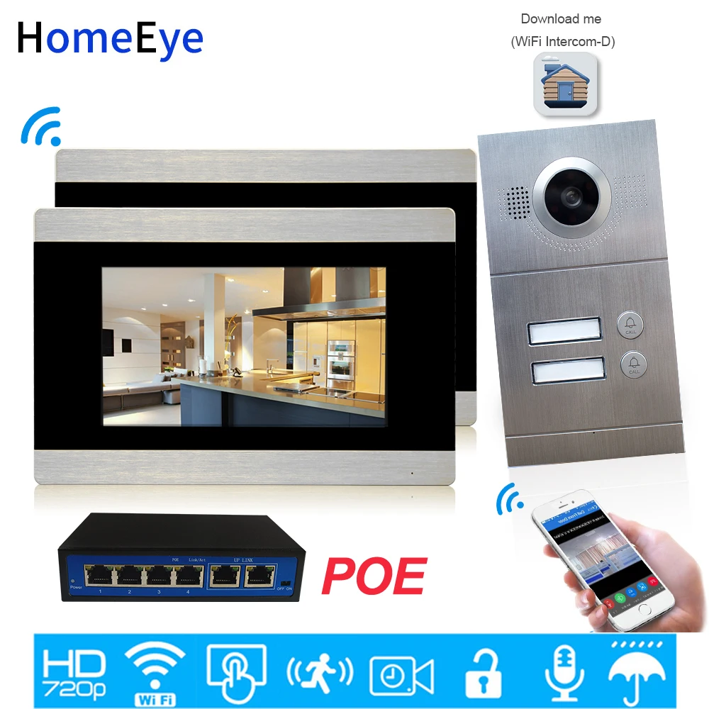 720P WiFi IP Video Intercom Smart Video Door Phone 2-Apartments Home Door Access Control System iOS/Android APP Remote Unlock