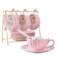 1-6PCS Pink Romantic Pumpkin Coffee Cup Set Kitchen Accessories Bone China Ceramics Tea Cup Organizer English Afternoon Red Tea