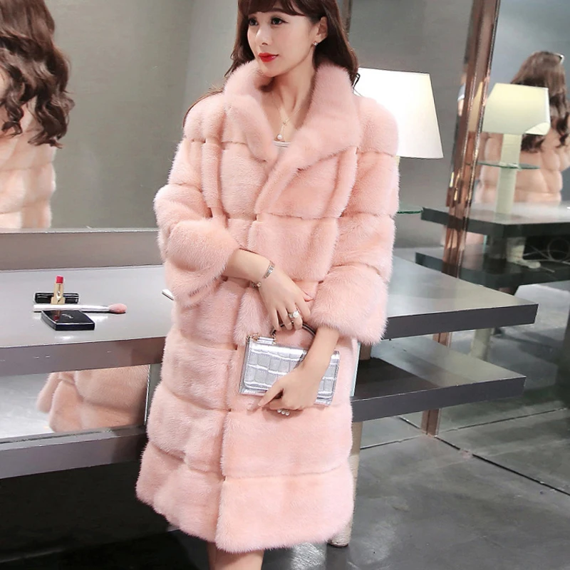 Fashion Women Winter Faux Fur coats Warm Plus Size Jacket Outwear femme Streetwear Stand Collar Stripe  Long Fur Coat Pink