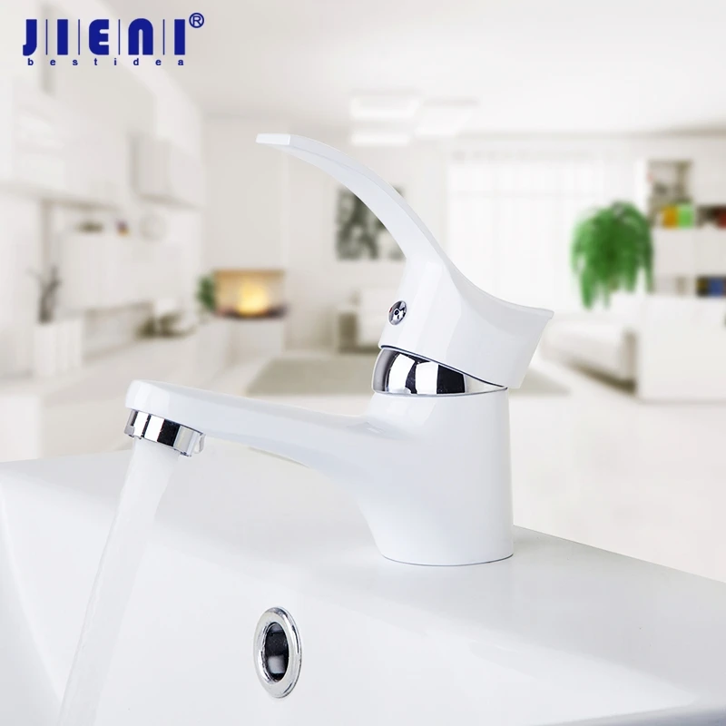 JIENI White Painting Polish Stream Spout Bathroom Basin Sinks Faucet Vanity Vessel Sinks Mixer Tap Cold Hot Water Tap