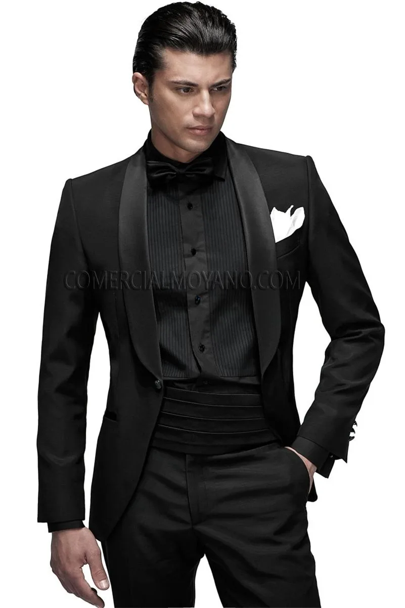 

Classic Mens Suits Groomsmen Shawl Satin Lapel Groom Tuxedos Black Wedding Best Man Suit (Jacket+Pants+Tie+Girdle) B655