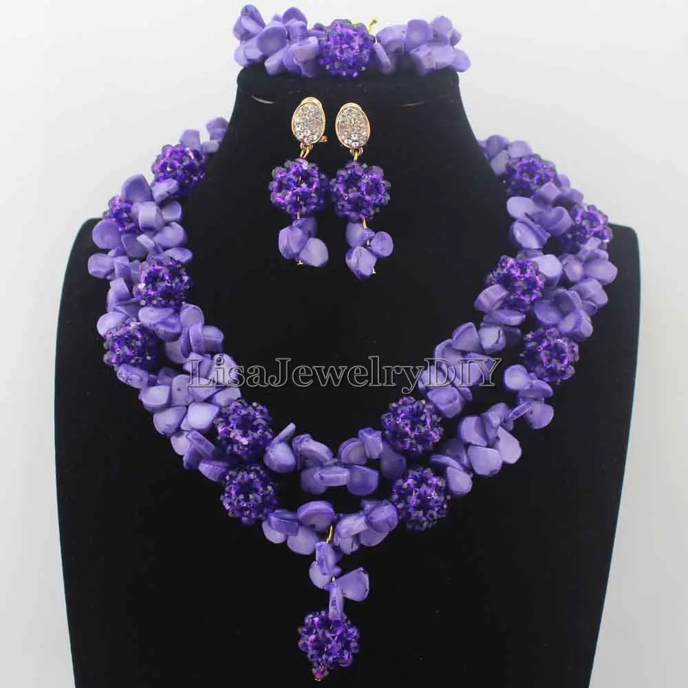 

Gorgeous Nigerian Purple Bead Necklaces Wedding Coral Beads Jewelry Set African Beads Jewelry Set for women Free Shipping HD8698