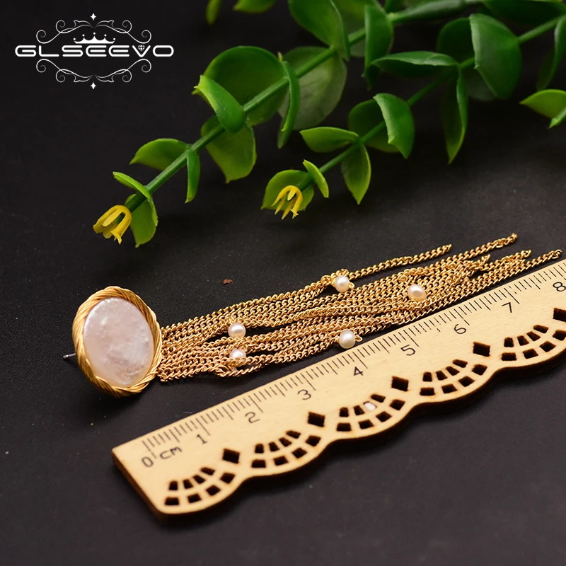 GLSEEVO Fresh Water Baroque Flat Pearl Tassel Long Flat Back Earrings Women Vintage Fashion Fine Luxury Wedding Jewellery GE0656