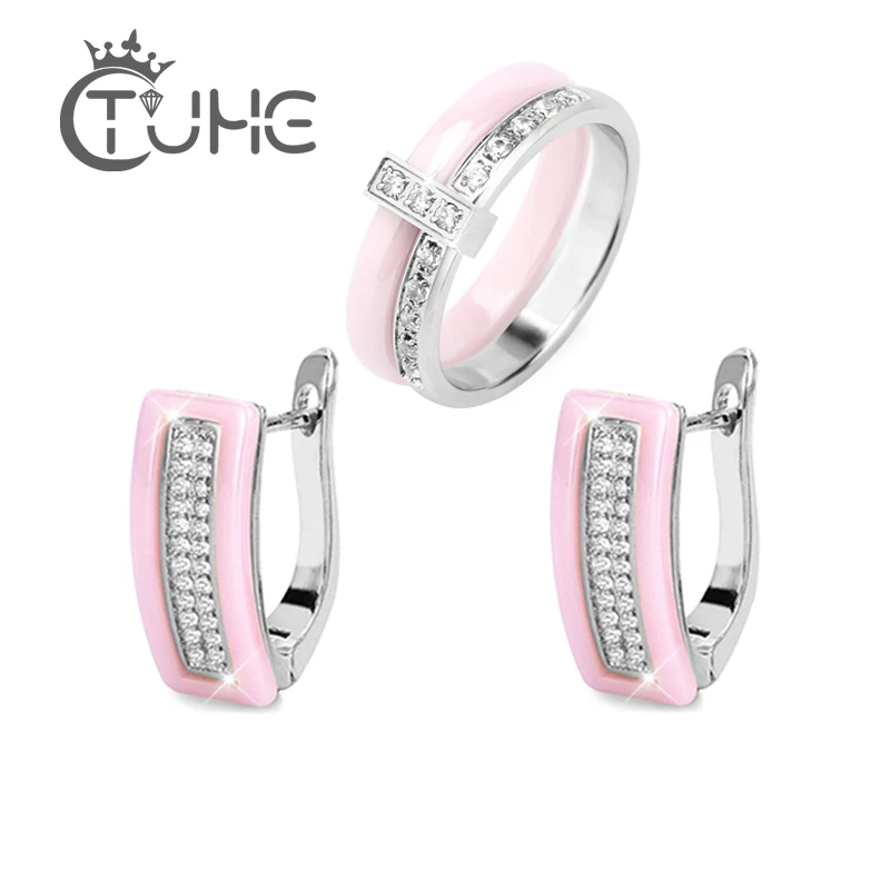 Fashion Ceramic Jewelry Sets For Woman Cubic Zirconia U Shape Russian Earrings Pink Ceramic Rings Statement Bridal Wedding Party