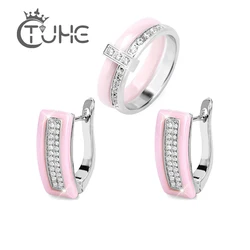 Fashion Ceramic Jewelry Sets For Woman Cubic Zirconia U Shape Russian Earrings Pink Ceramic Rings Statement Bridal Wedding Party