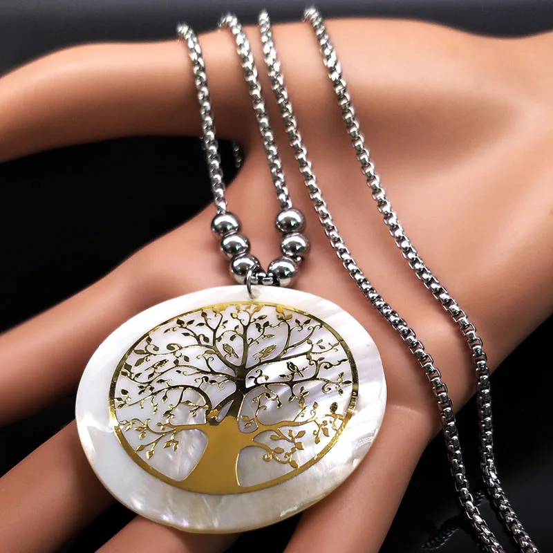 Tree of Life Stainless Steel Necklace for Women Gold Color Double layer Bead Necklaces Jewelry sautoirs femme longs N18431