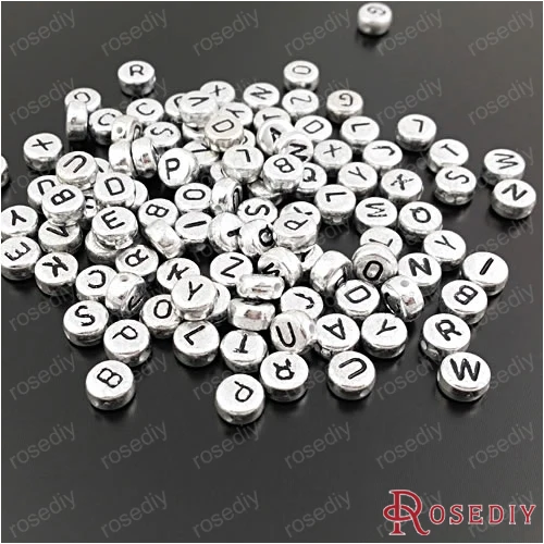 Wholesale 7*3.8mm Silver color Ground Black Letter Oblate Acrylic Beads Diy Jewelry Findings 50g Roughly 360pcs(JM6886)