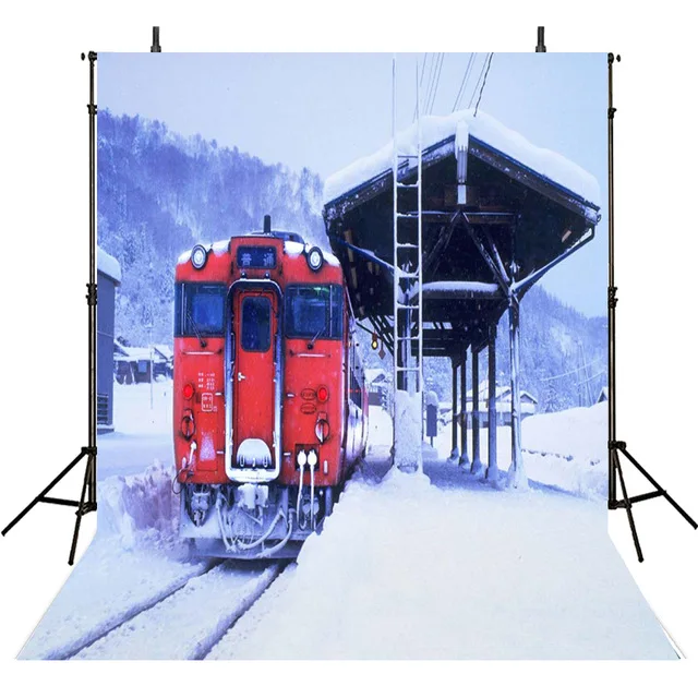 Railway Station Winter Scenic Photography Backdrop Printed Mountain Village Houses Red Train Thick Snow Photo Studio Backgrounds