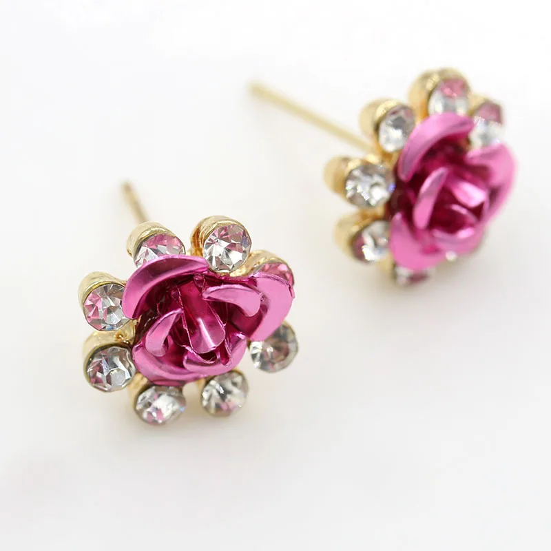 New Fashion Gold Color Rhinestones Earrings For Women Heart-shaped Crystal Red Rose Flower Stud Earrings Valentine\'s Day Gift