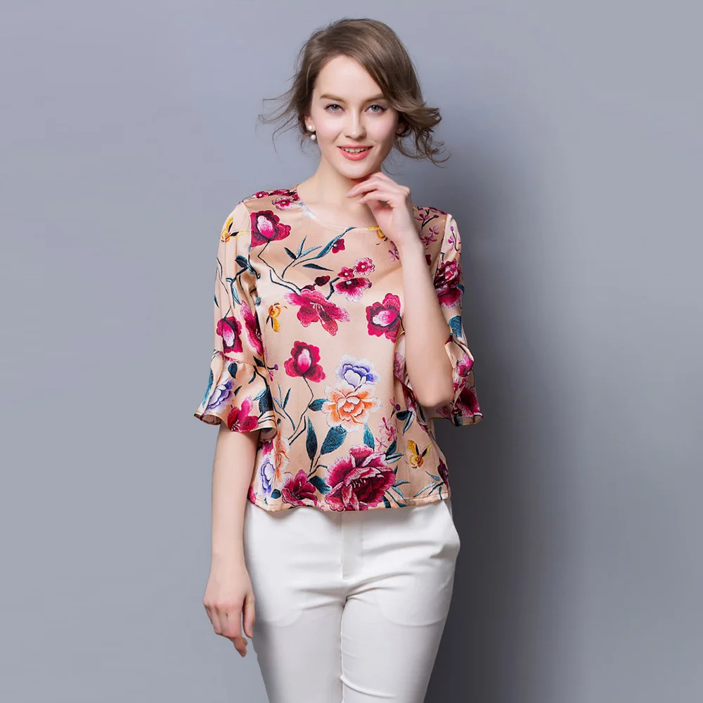 

100% Silk Satin Shirt Women Summer Shirt Mulberry Silk Fabric Printed Floral Pattern China Silk Supplier