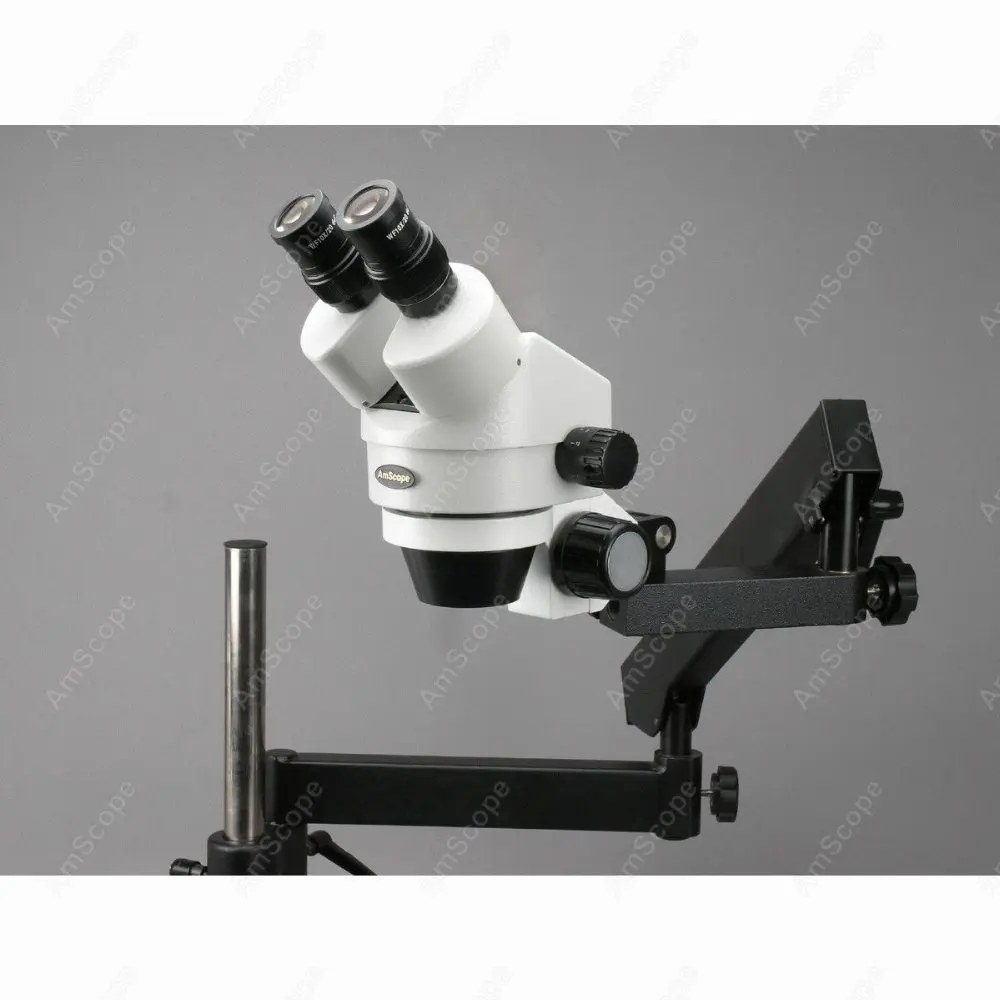 AmScope SM-7 Series Binocular Zoom Microscope 3.5X-90X on Articulating Stand+ Base Plate and 144-LED Ring Light