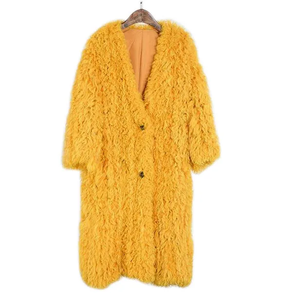 Natural fur knitted Mongolian sheep fur coat jacket overcoat women\'s winter warm fur coat with pocket 95cm extra longer size