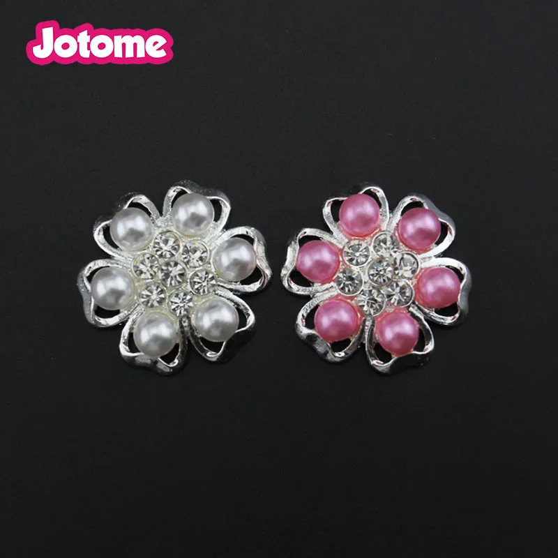 Wholesale pink/clear Rhinestone flat back Crystal Peal Silver Plated Metal Base Rhinestone Buttons for wedding