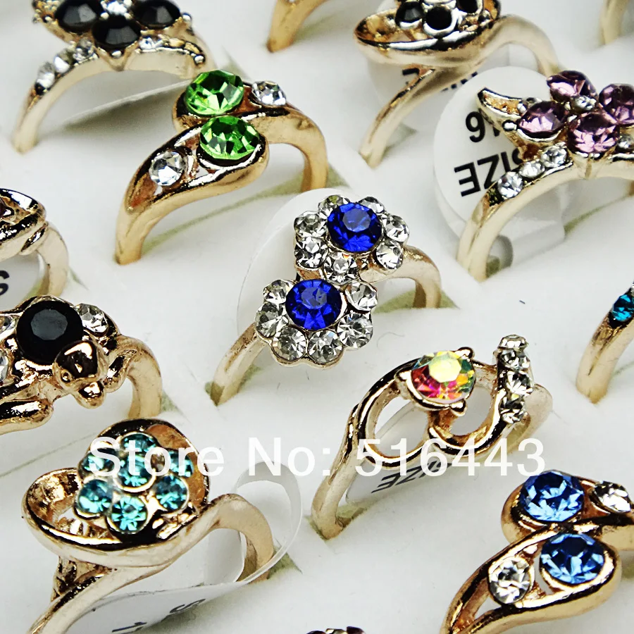 

Hot Sale 50pcs Crystal Czech Rhinestones Fashion Women Girls Gold Plated Rings Wholesale Jewelry Lots A-029