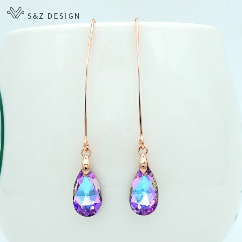 

S&Z DESIGN New Fashion 585 Rose Gold Color Crystal Water Drop Dangle Earrings For Women Party Jewelry Gift Long Ear Hook