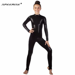 SPEERISE Kids Long Sleeve Shiny Metallic Unitards Stirrups Dance Gymnastics Full Body Leotards Girls Dancewear Stage Performance