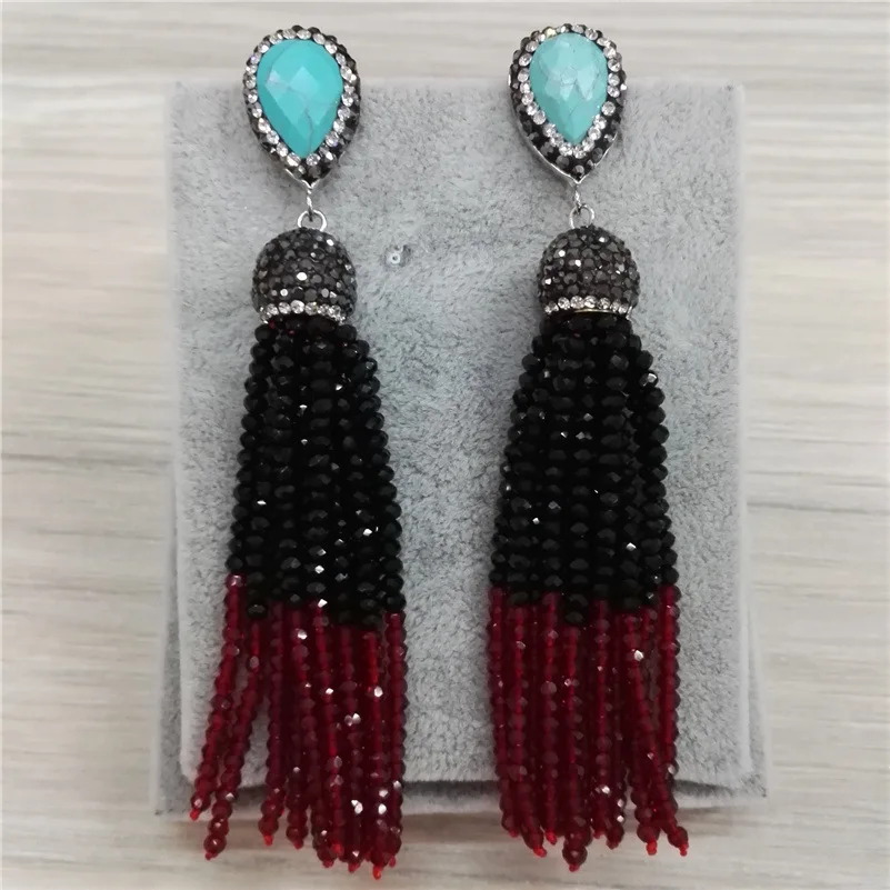 Bohemia Wedding Party Statement Jewelry 2mm Wine Red Black Beads 12 Rows Joint Combine Beaded Tassels Dangle Earrings For Women