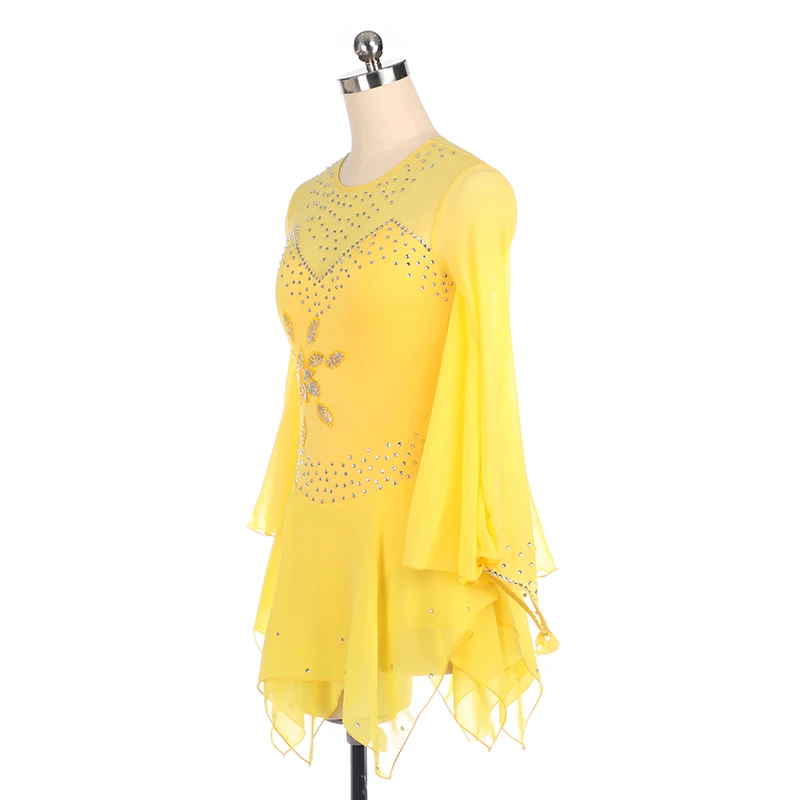 2023 Custom Figure Skating Dress Women\'S/Women\'S Skating Dress Sky Yellow Lace Rhinestone High Elasticity