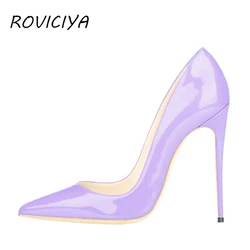 Women Pumps Light Purple Patent Leather Pointed Toe Women Shoes High Heel 12 cm Stiletto Party Shoes Women QP017 ROVICIYA