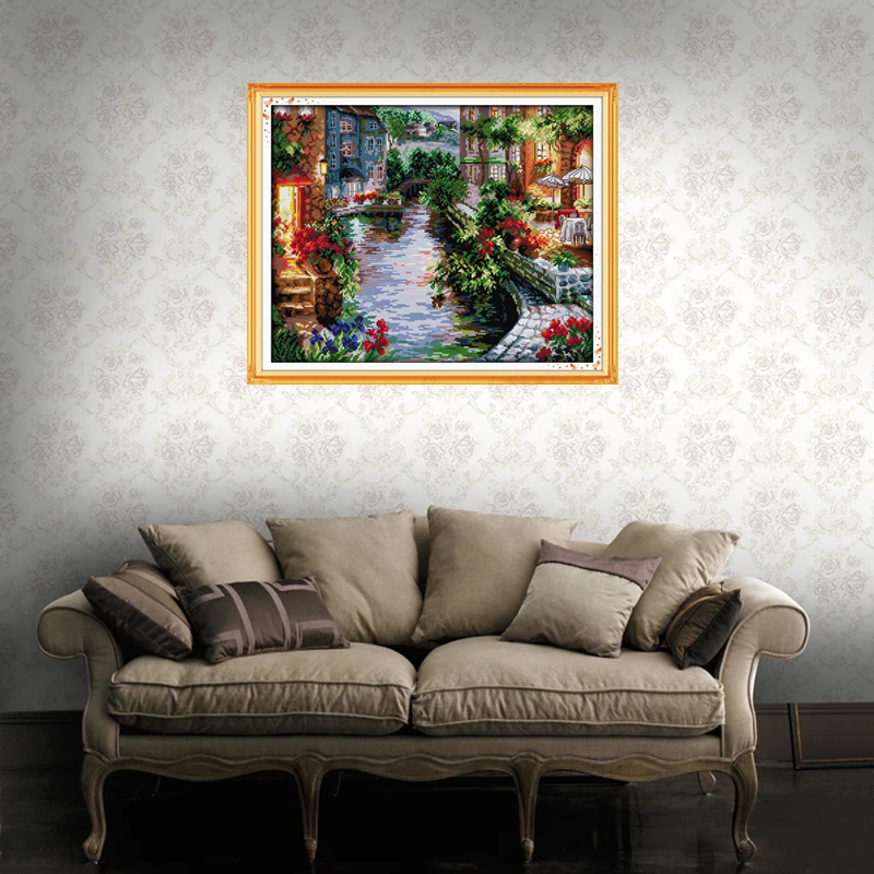 Joy Sunday The lakeside houses Counted DIY Hand Cross Stitch 11CT 14CT DMC Printed Cloth for Embroidery NKF Home Decor