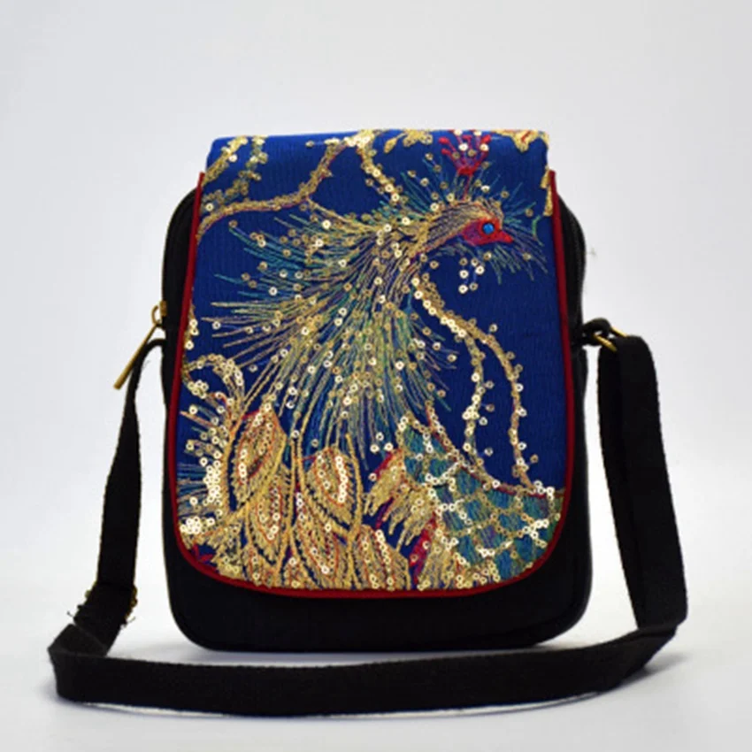 New National Wind Embroidered Bag Fashion Embroidered Canvas Shoulder Diagonal Bag Peacock Phoenix Sequin Embroidered Bag Vacati