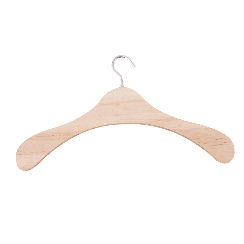 10 Pack Durable 15cm Baby Doll Wooden Clothes Metal Hook Hangers Natural Finished for BJD 70cm Uncle Dolls