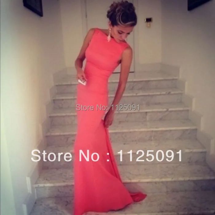 

Fast Shipping Best Selling Satin Sheath Formfitting High Neck Coral Mermaid Evening Dress Long Backless Wedding Event Dress