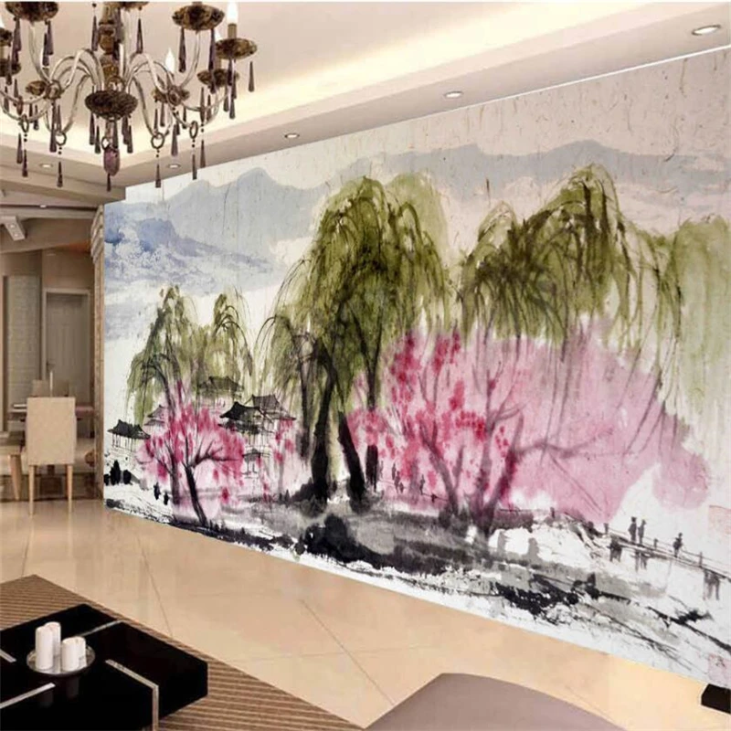 

wellyu New Chinese Ink Paintings Willow Birds TV backdrop Custom Large Mural Green Wallpaper papel de parede para quarto