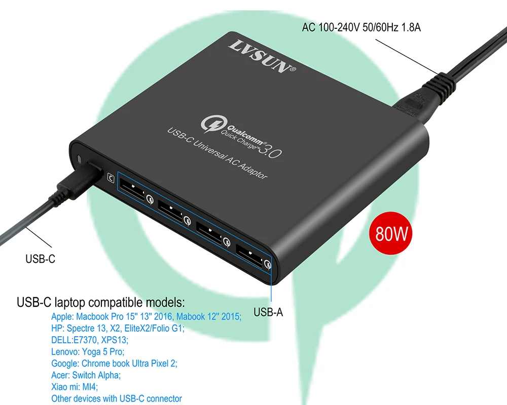 LVSUN QC 3.0 الهاتف اللوحي المحمول نوع c شاحن مع نوع c USB-C USB C محول ل ماك بوك 13 15 الطيف 13 اليوغا 5 شياو mi