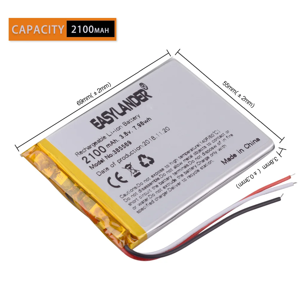 

3pcs/Lot 385569 405570 3.8V 2100mAh Rechargeable li Polymer Battery For GPS DVR Car recorder phone E-book Tablet PC