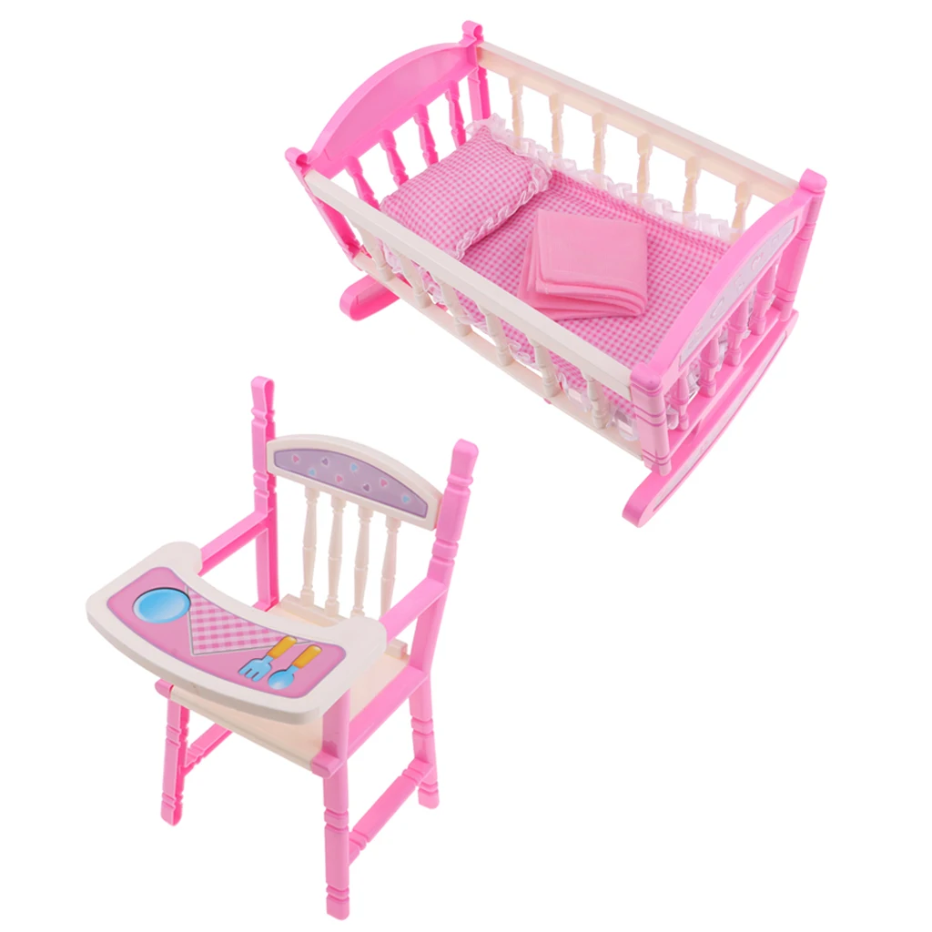 Cadeira alta Berço Cama para Criança, Playset Móveis ABS, Berço Reborn Bed Set, Cadeira de jantar Acessórios, Baby Doll