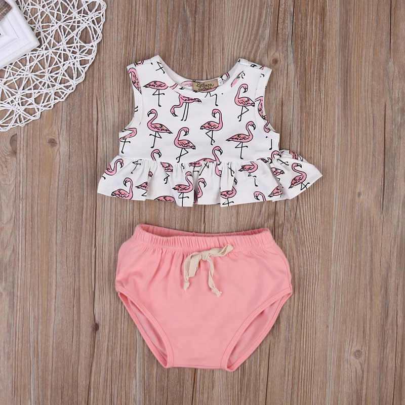 0-18M 2PCS Newborn Infant Girls Sleeveless O-Neck Pullover Cartoon Shirt Tops Pink Short Pants Outfit Summer Party Clothes