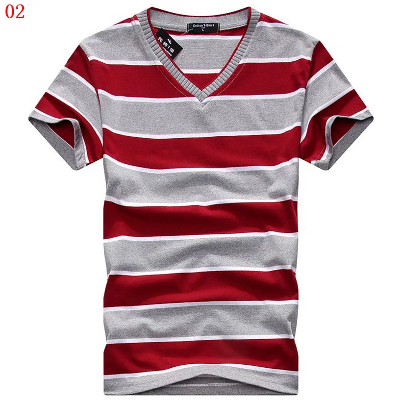 Male V-neck Tees Tops Men\'s Short Sleeve Tshirt Man Cotton Striped T Shirts Mens Clothing Multi Size