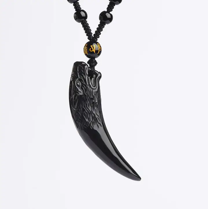 Drop Shipping Black Obsidian Carving Wolf Head Obdidian Amulet pendant free necklace obsidian Blessing Lucky pendant Men Jewelry